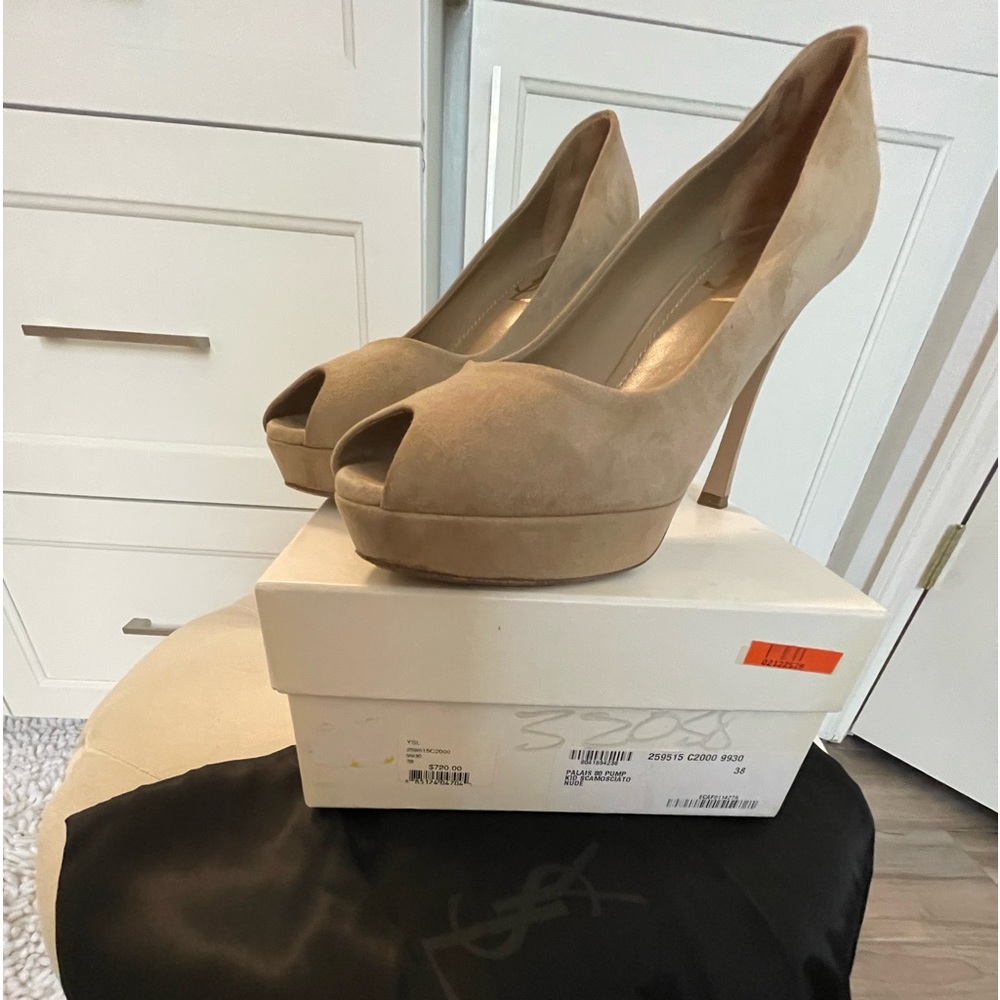 YSL Auth nude suede stiletto peep toe great condition size 38 fits like an 8